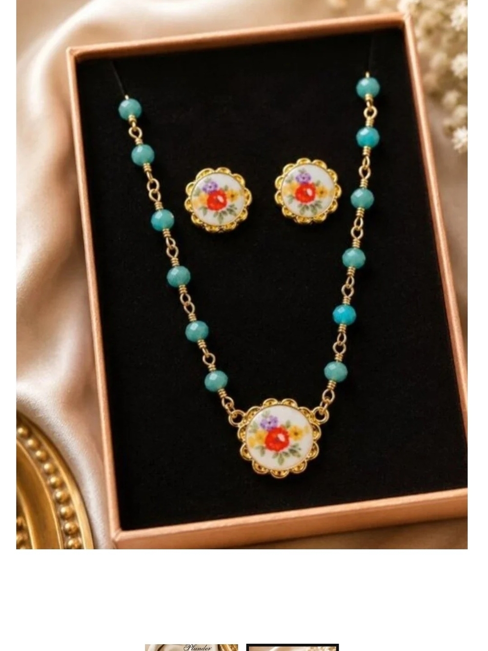 Floral Porcelain Pendant Necklace and Earrings Set - Gold with Turquoise Beads